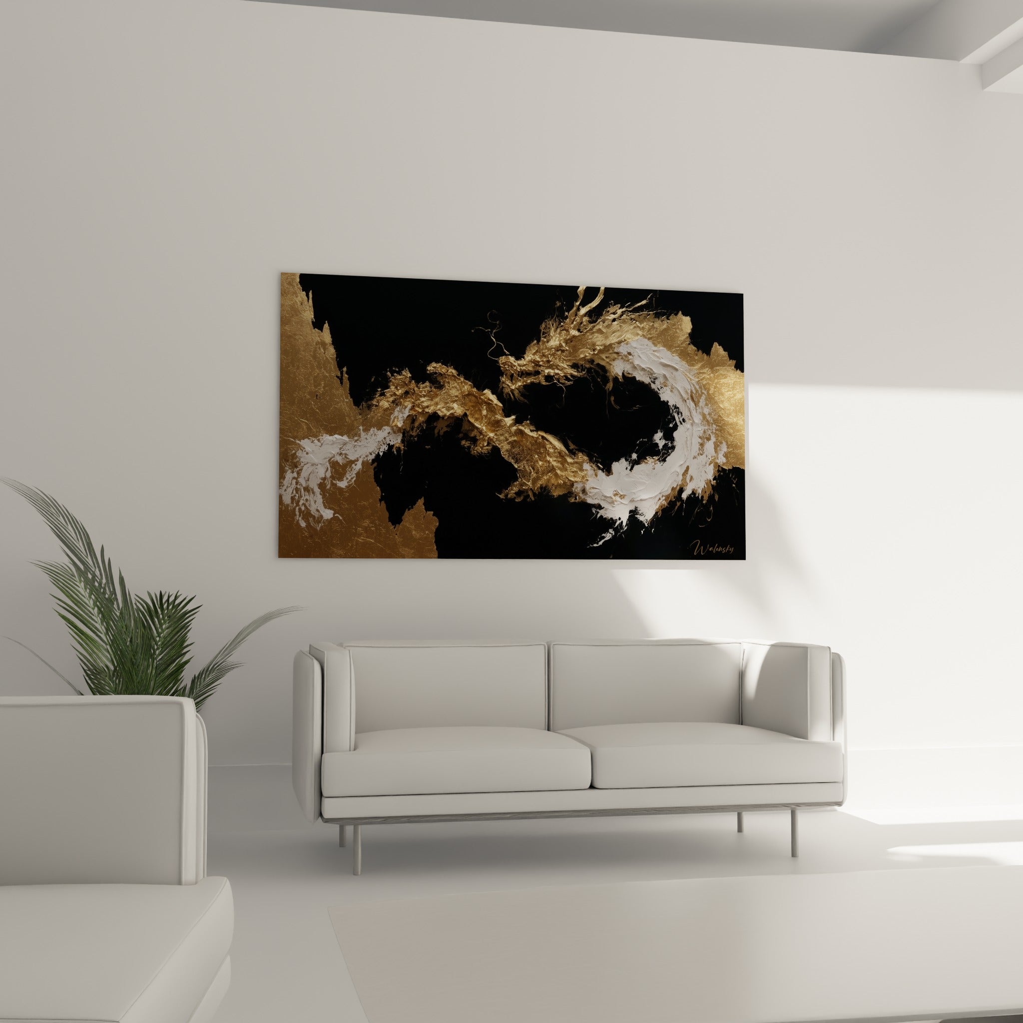 Silhouette dorée et blanche du dragon sur noir intense, au-dessus d'un canapé dans un salon lumineux