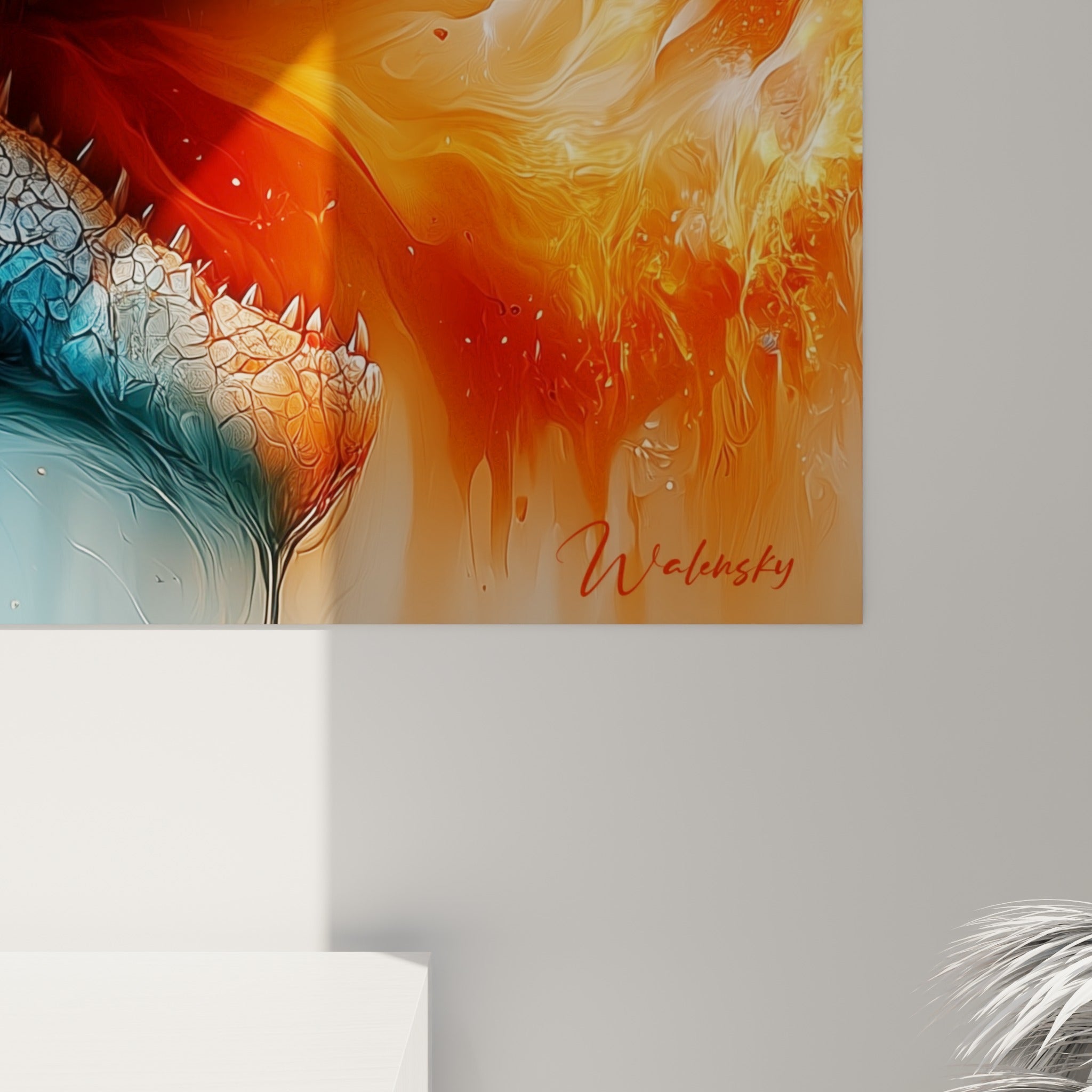 Écailles texturées bleu glacé se fondant en éclats orange et rouge, empâtements et coulures visibles sur la toile