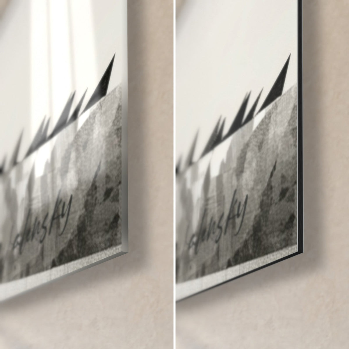 Schilderij zwarte draak met scherpe punten, rechtsonder: glanzend acrylglas links, mat zwart Dibond rechts, rand van 3 mm