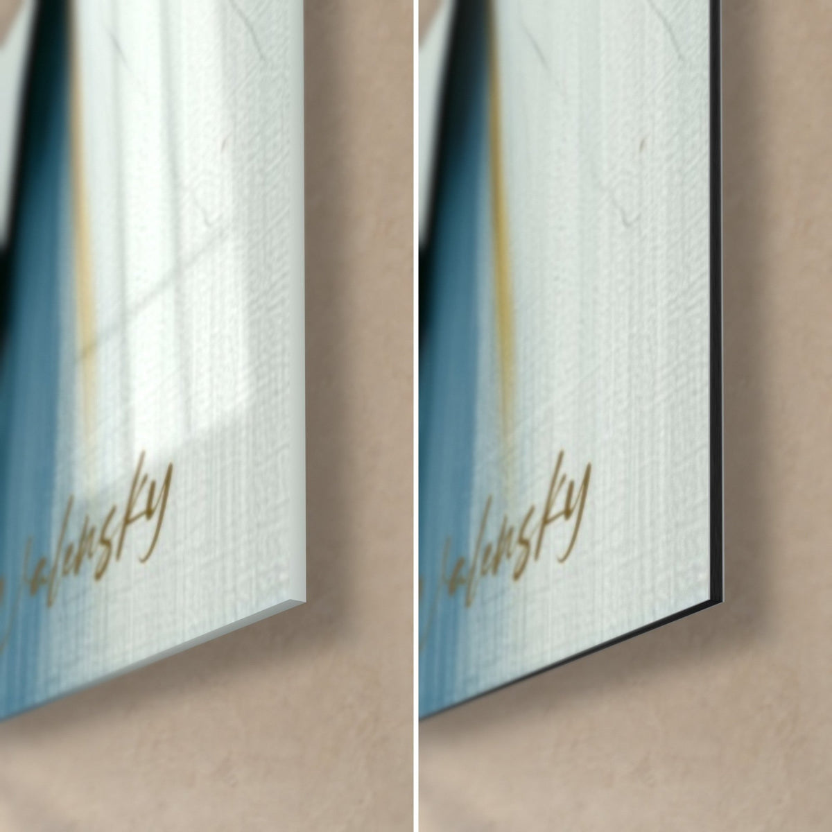 Quadro drago dorato e blu navy, angolo in basso a destra: vetro lucido a sinistra, Dibond nero opaco a destra, bordo di 3 mm