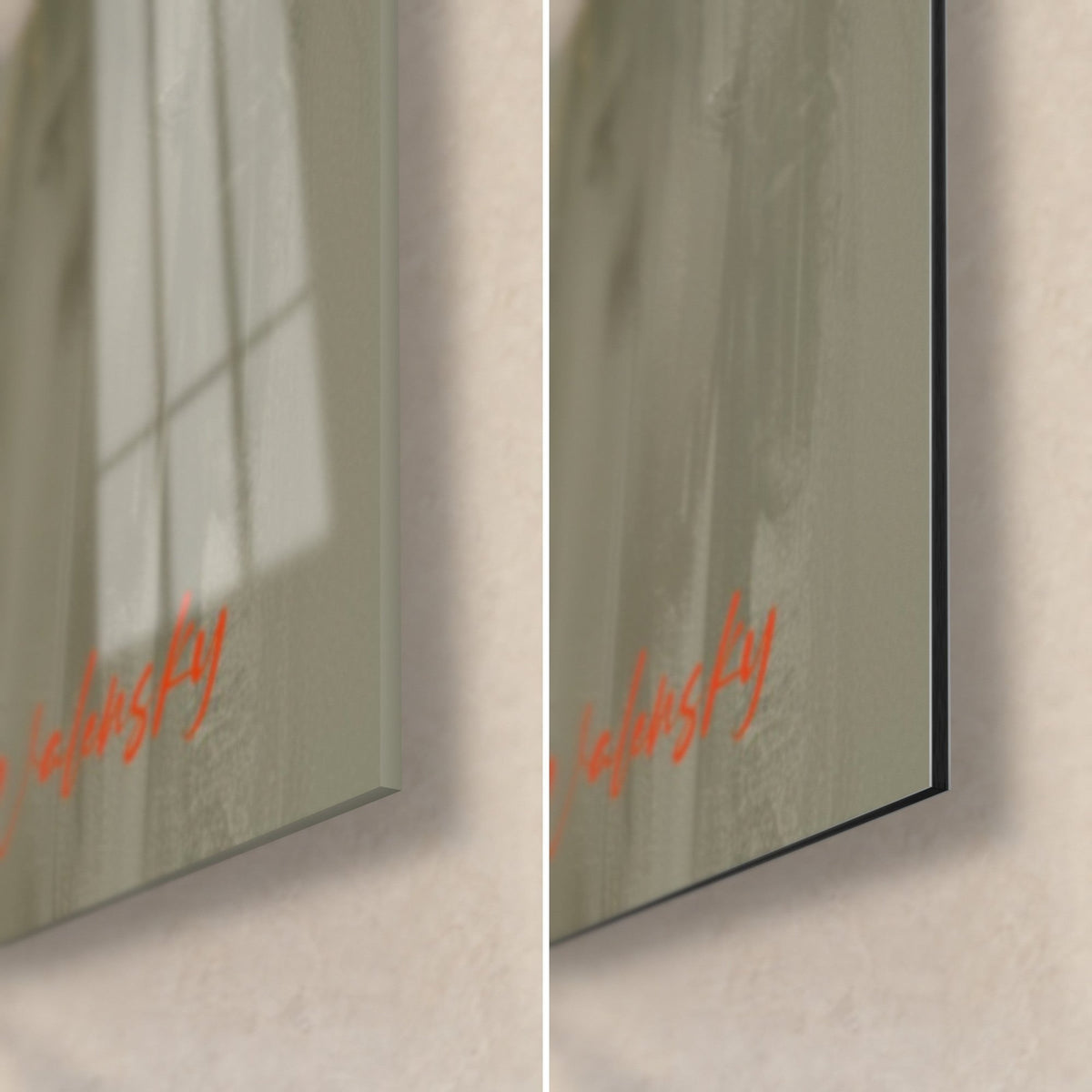 Tableau créature mythique blanche et rouge, coin bas droit : signature orange, verre brillant à gauche, Dibond gris mat à droite
