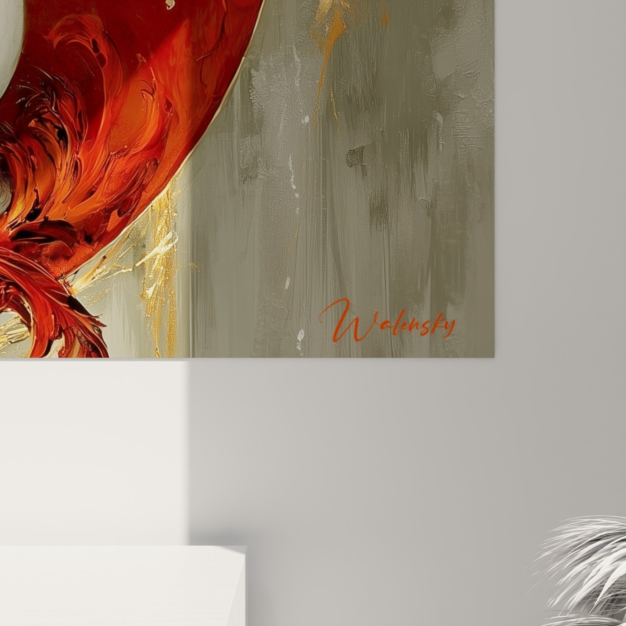 Empâtements dorés et coulures rouges détaillant les écailles du dragon blanc en gros plan sur la toile