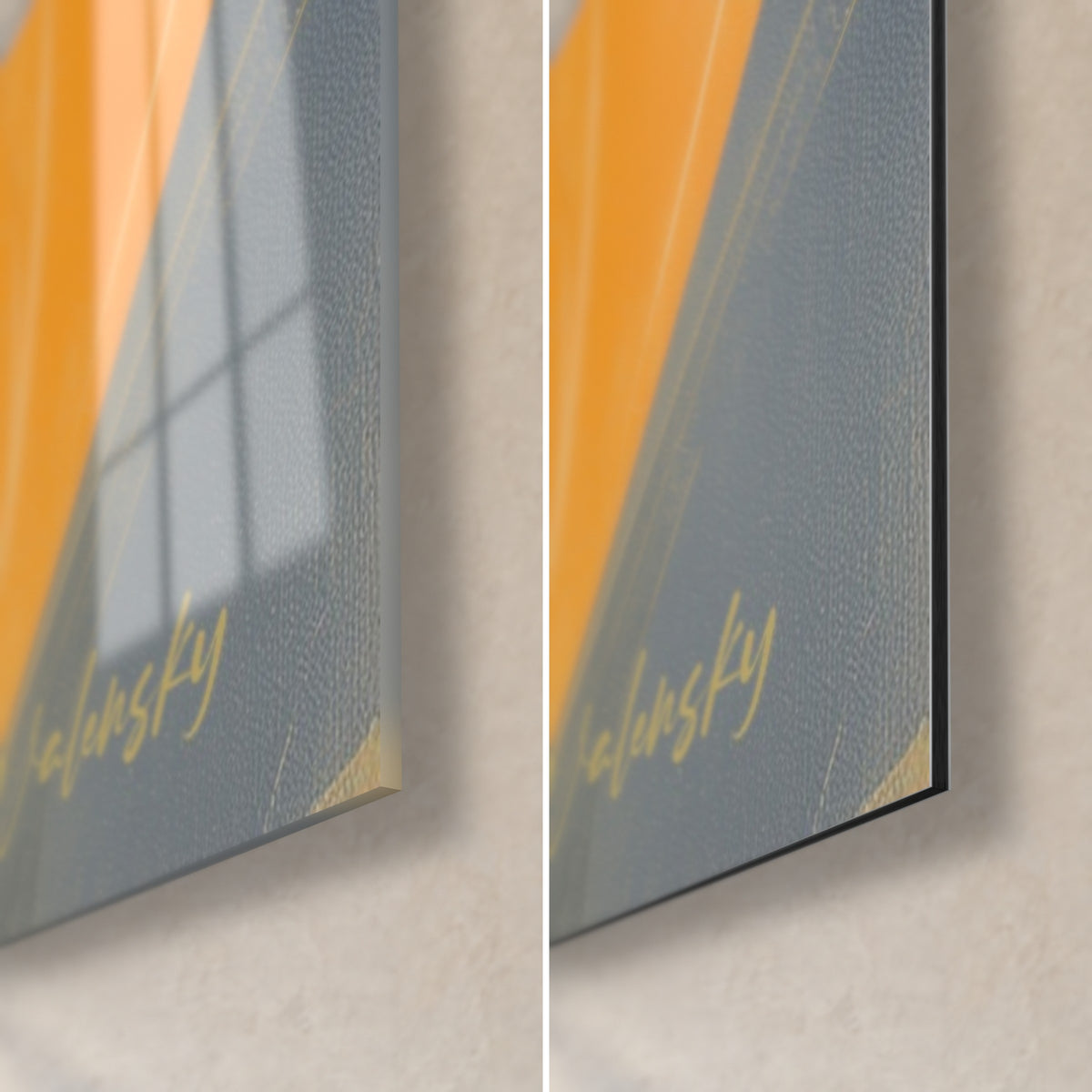 Quadro drago grigio, angolo in basso a destra in vetro lucido a sinistra e Dibond alluminio opaco a destra, bordo nero di 3 mm