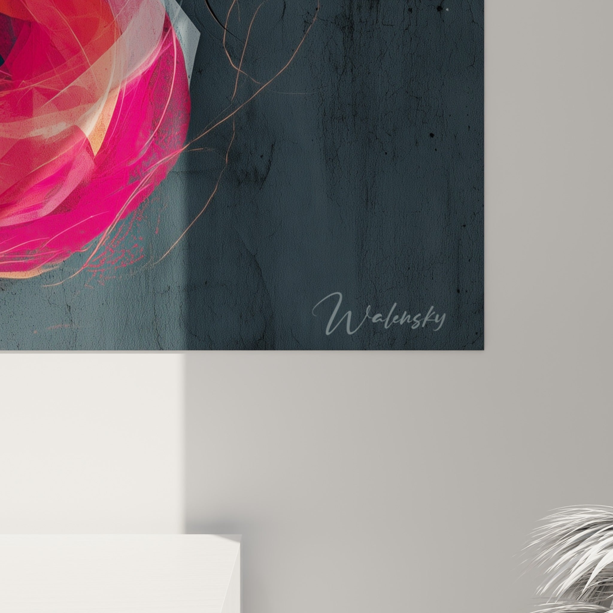 Empâtements numériques en orange, rose magenta et bleu pétrole révélant la texture fine des voiles du dragon