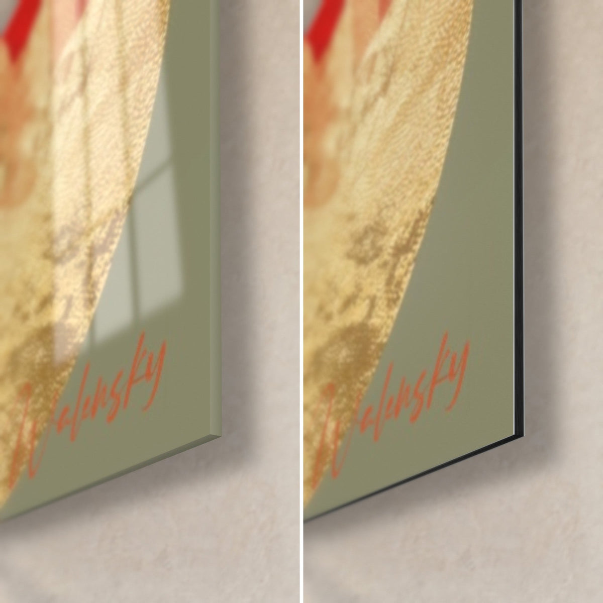 Tableau dragon rouge et or, coin bas droit : verre acrylique brillant à gauche, alu Dibond mat sauge à droite, tranche de 3 mm