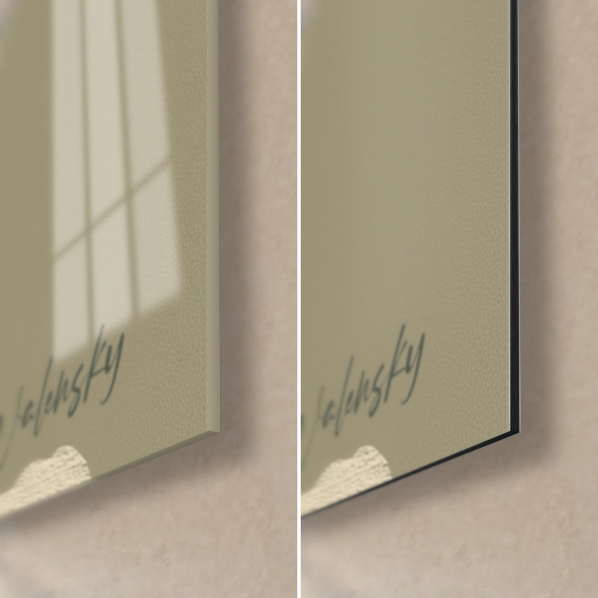 Schilderij rode en grijze draak, Walensky-handtekening rechtsonder, glanzend glas links, mat Dibond en rand van 3 mm
