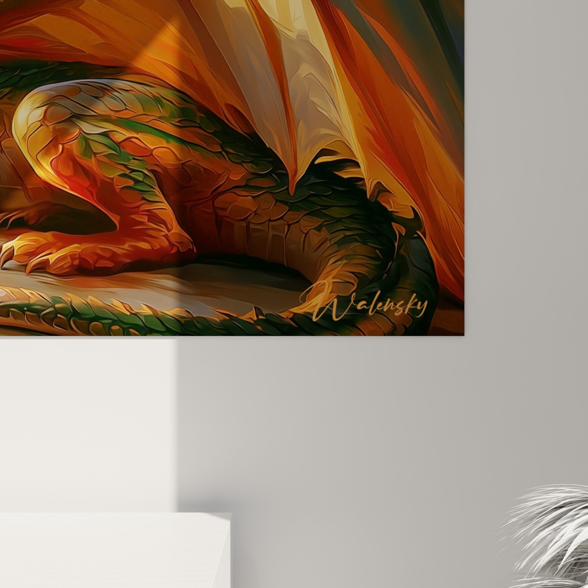 Écailles vertes et reflets cuivrés du dragon, matière picturale et empâtements visibles de près sur la toile