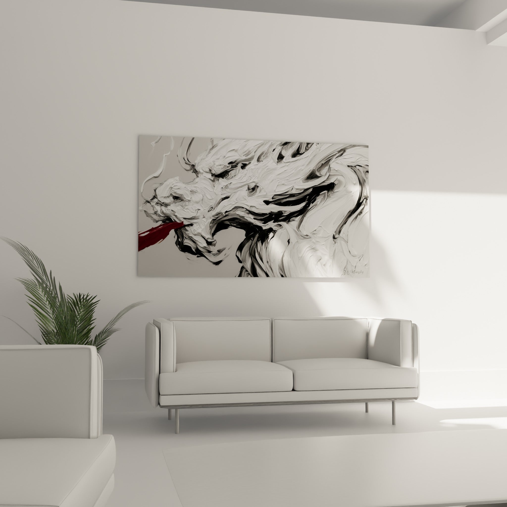 Dragon texturé en blanc et noir, touche rouge vive, positionné au-dessus d'un canapé dans un salon lumineux