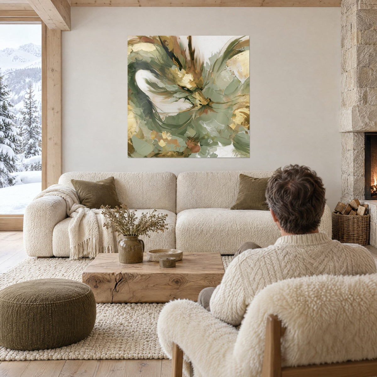 Tableau dragon mythique en coups de couteau vert sauge et or, crinière ivoire, au-dessus d'un canapé dans un salon lumineux