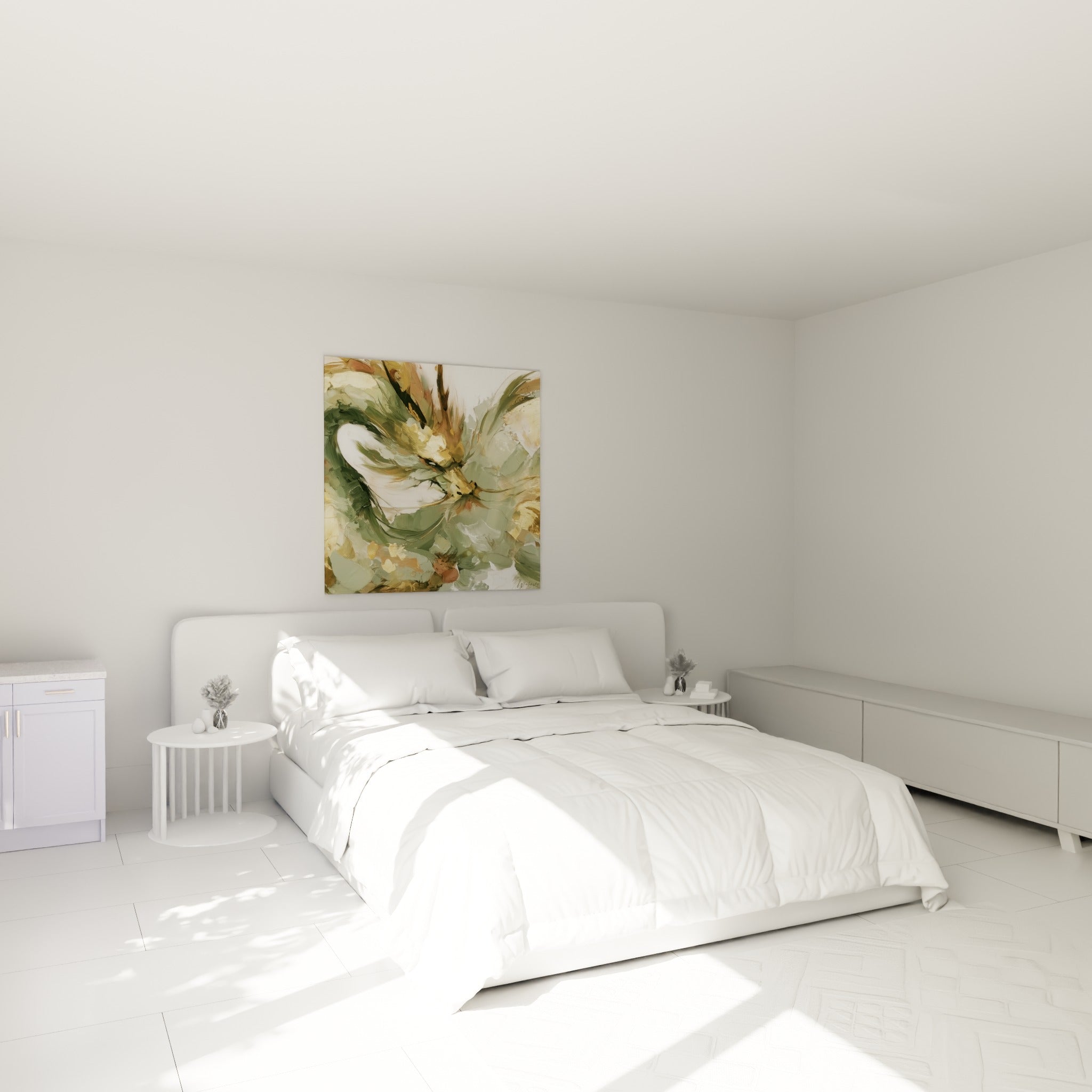 Silhouette de dragon vert sauge et doré au-dessus d'un lit dans une chambre claire