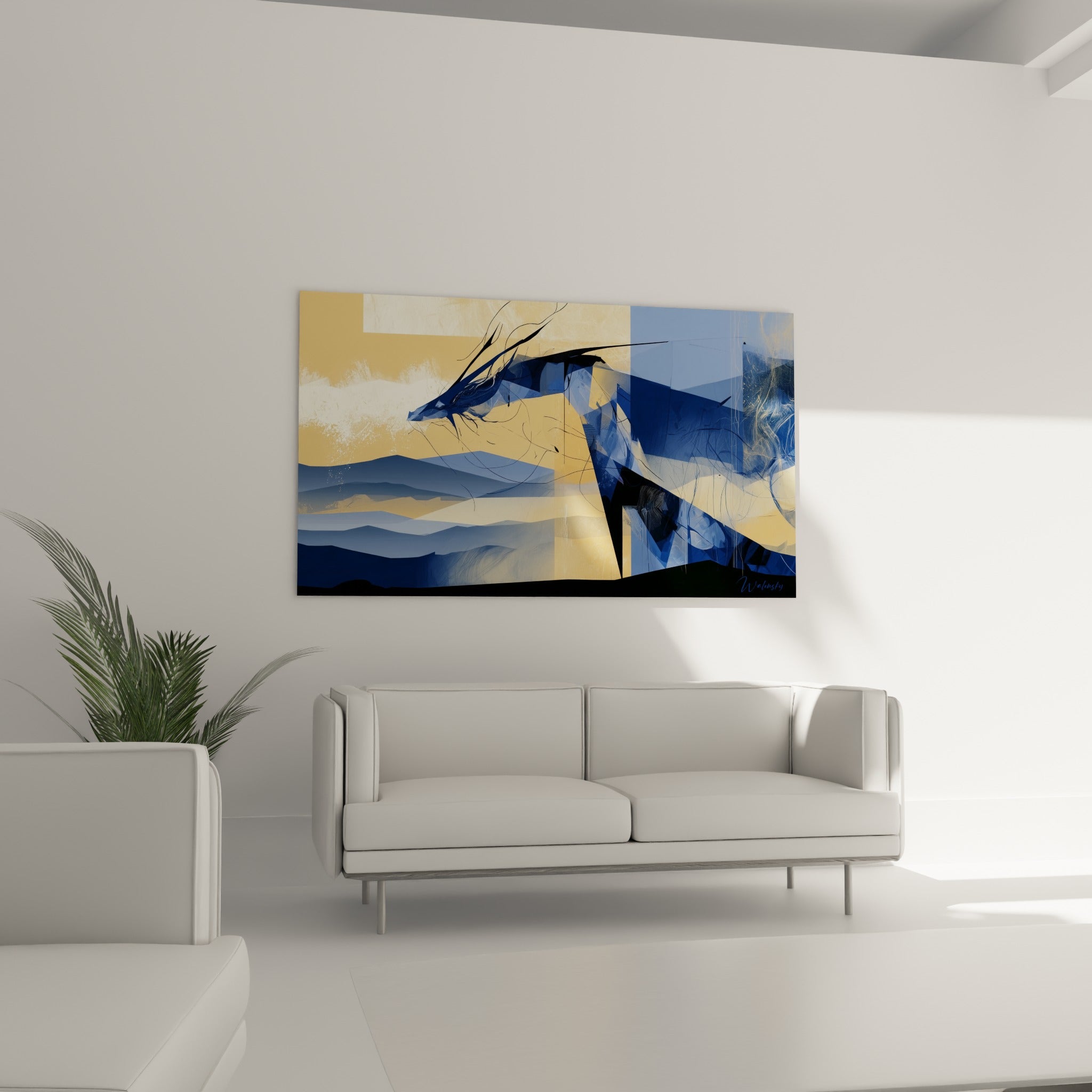 Créature mythique aux tracés fins et couleurs ocre au-dessus d'un canapé dans un salon lumineux