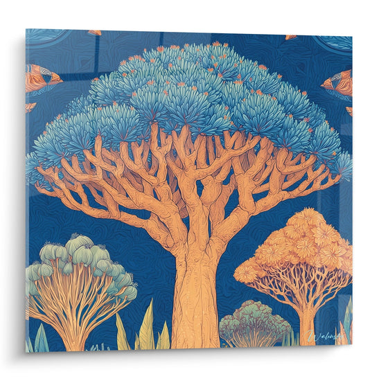 Tableau mural dragon tree tropical orange et bleu style artistique îles archipels Socotra déco exotique