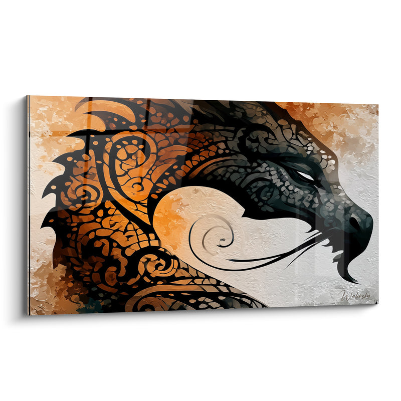Tableau Tête noire et orange aux motifs tribaux enchevêtrés - Spirale décorative en fumée - Edition Dragon