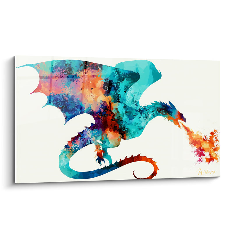 Tableau Dragon turquoise et orange sur fond blanc immaculé - Éclaboussures multicolores en aquarelle - Edition Dragon