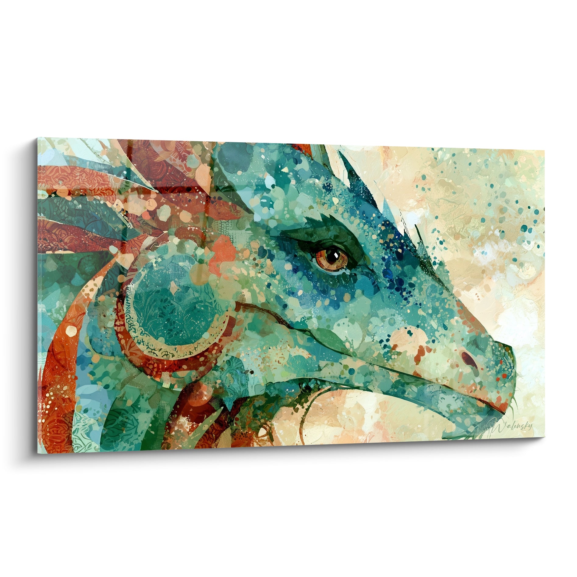 Dragon turquoise au regard doré, écailles fragmentées terracotta et vert émeraude sur fond ivoire