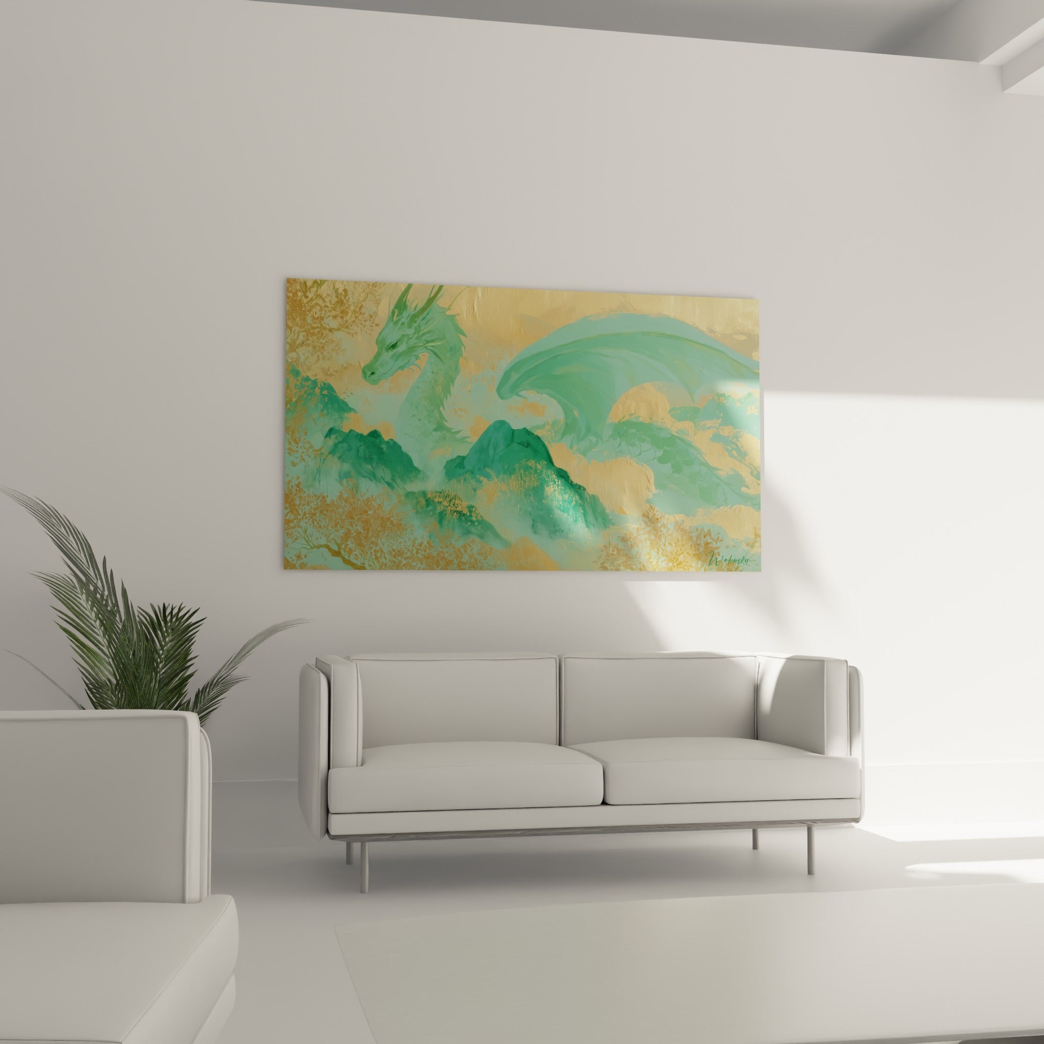 Silhouette de dragon turquoise et doré placée au-dessus d'un canapé dans un salon lumineux