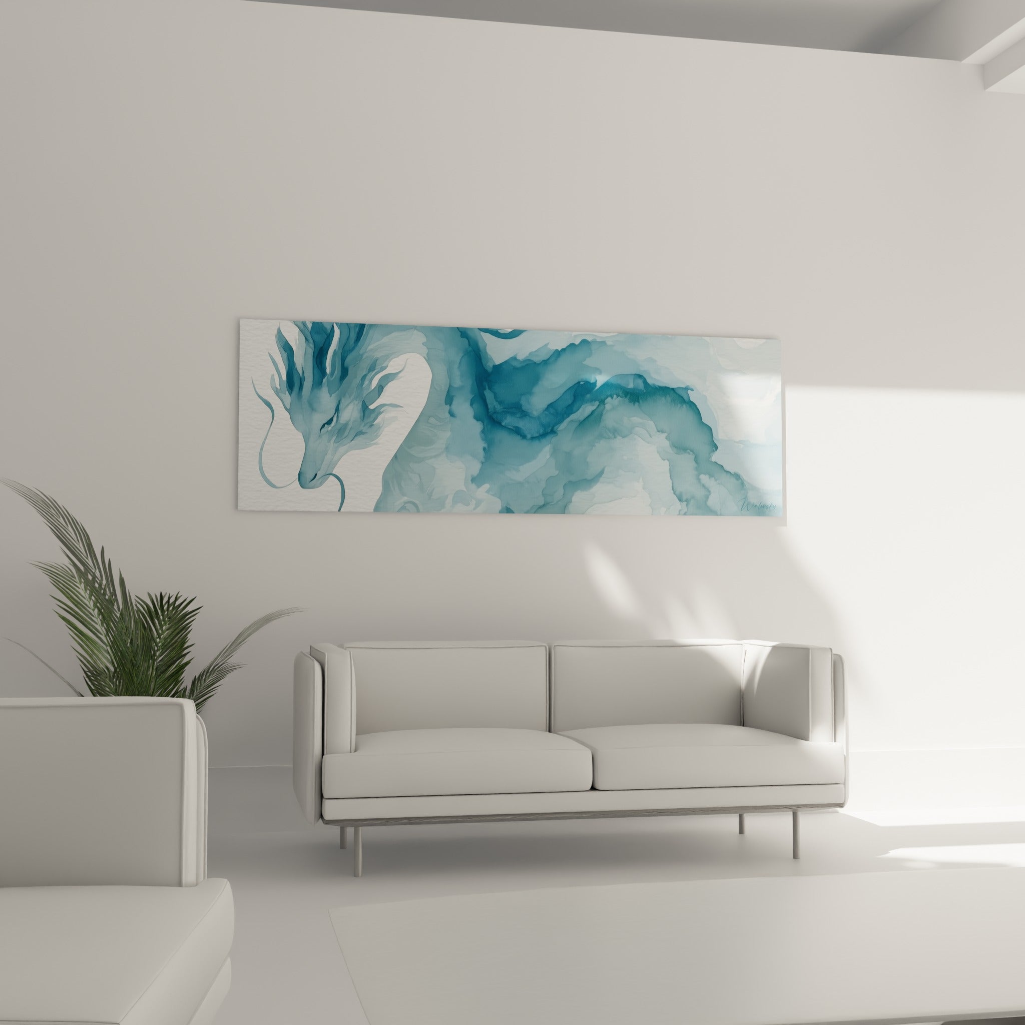 Silhouette de dragon turquoise et blanche aux formes ondulantes, placée au-dessus d'un canapé dans un salon lumineux