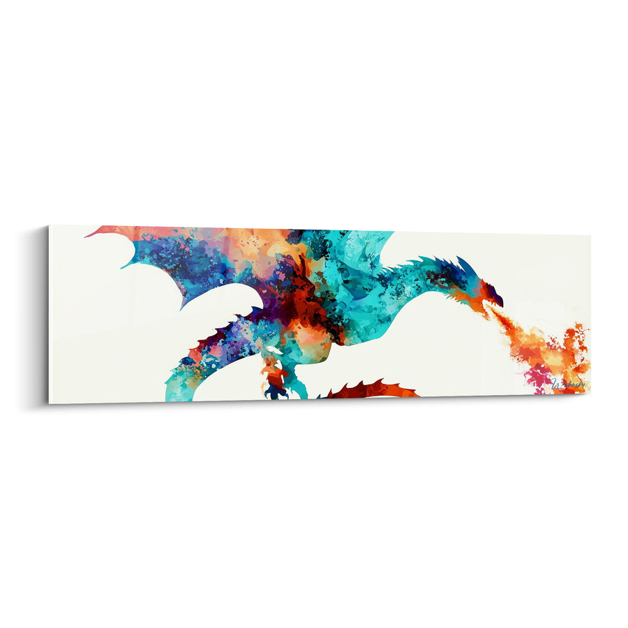 Tableau Dragon turquoise et orange crachant du feu - Silhouette éclaboussée sur fond ivoire - Edition Dragon