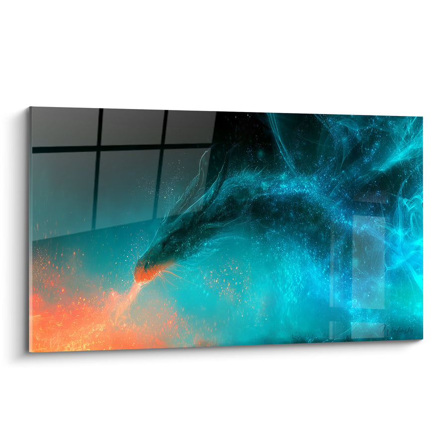 Tableau Dragon céleste turquoise et orange incandescent - Souffle stellaire - Edition Dragon