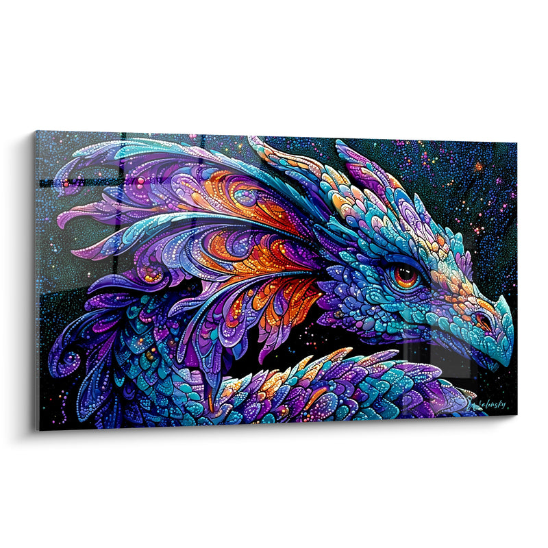 Tableau Dragon turquoise aux crêtes violettes pointillées - Regard mythique - Edition Dragon