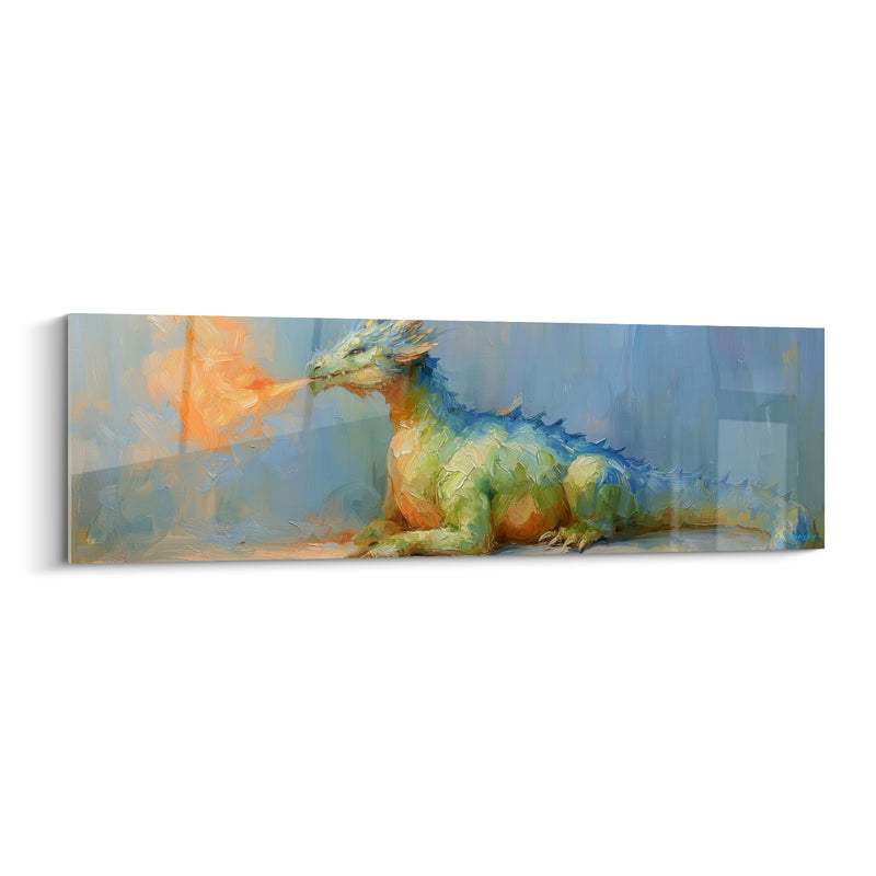 Tableau Dragon vert et bleu accroupi soufflant flamme - Écailles hérissées dorsales - Edition Dragon