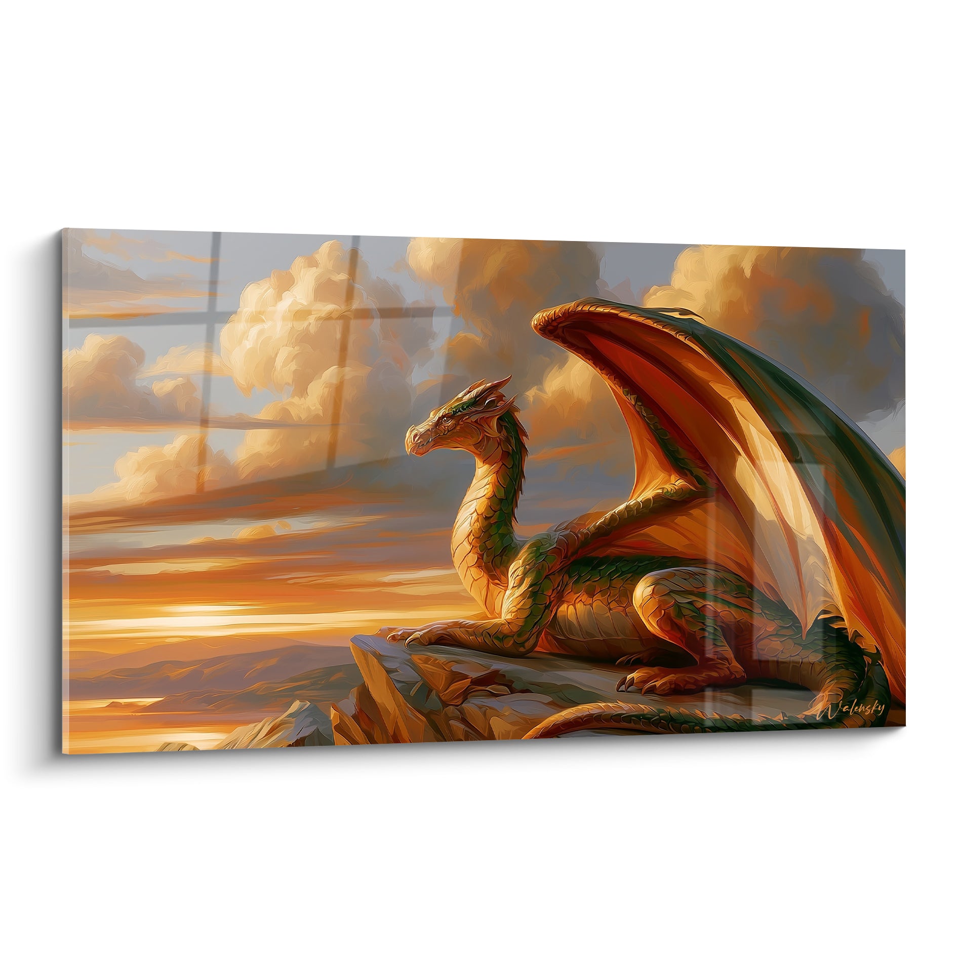 Dragon vert et doré aux ailes déployées, posé sur un rocher face au coucher de soleil orangé