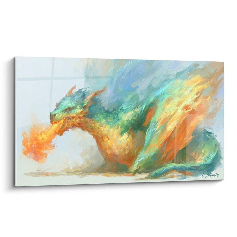 Tableau Dragon turquoise et orange crachant une boule ardente - Touches empâtées lumineuses - Edition Dragon