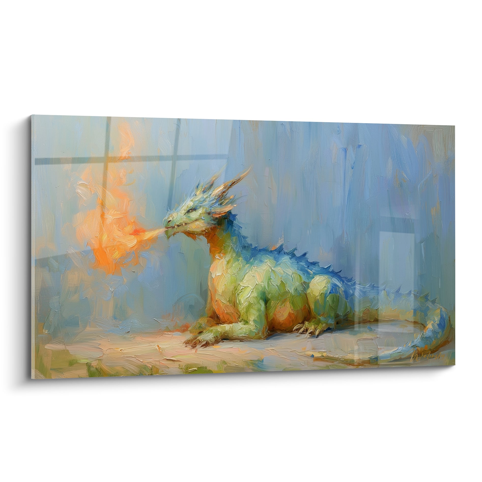 Dragon vert et bleu assis crachant une flamme orangée, peinture texturée à l'huile