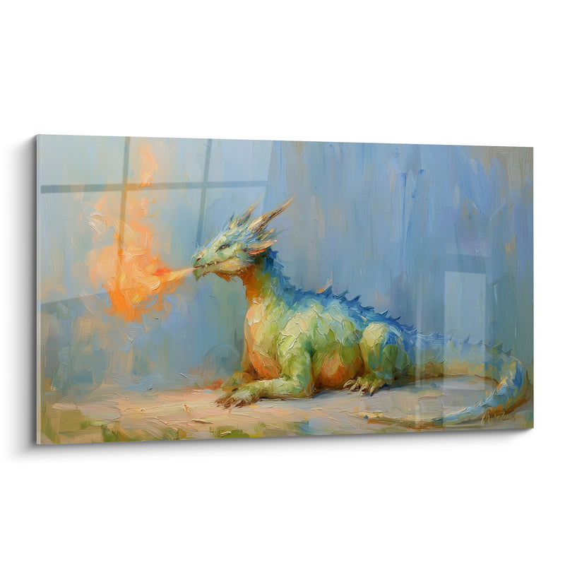 Tableau Dragon vert et bleu crachant flamme orangée - Premier souffle de feu - Edition Dragon