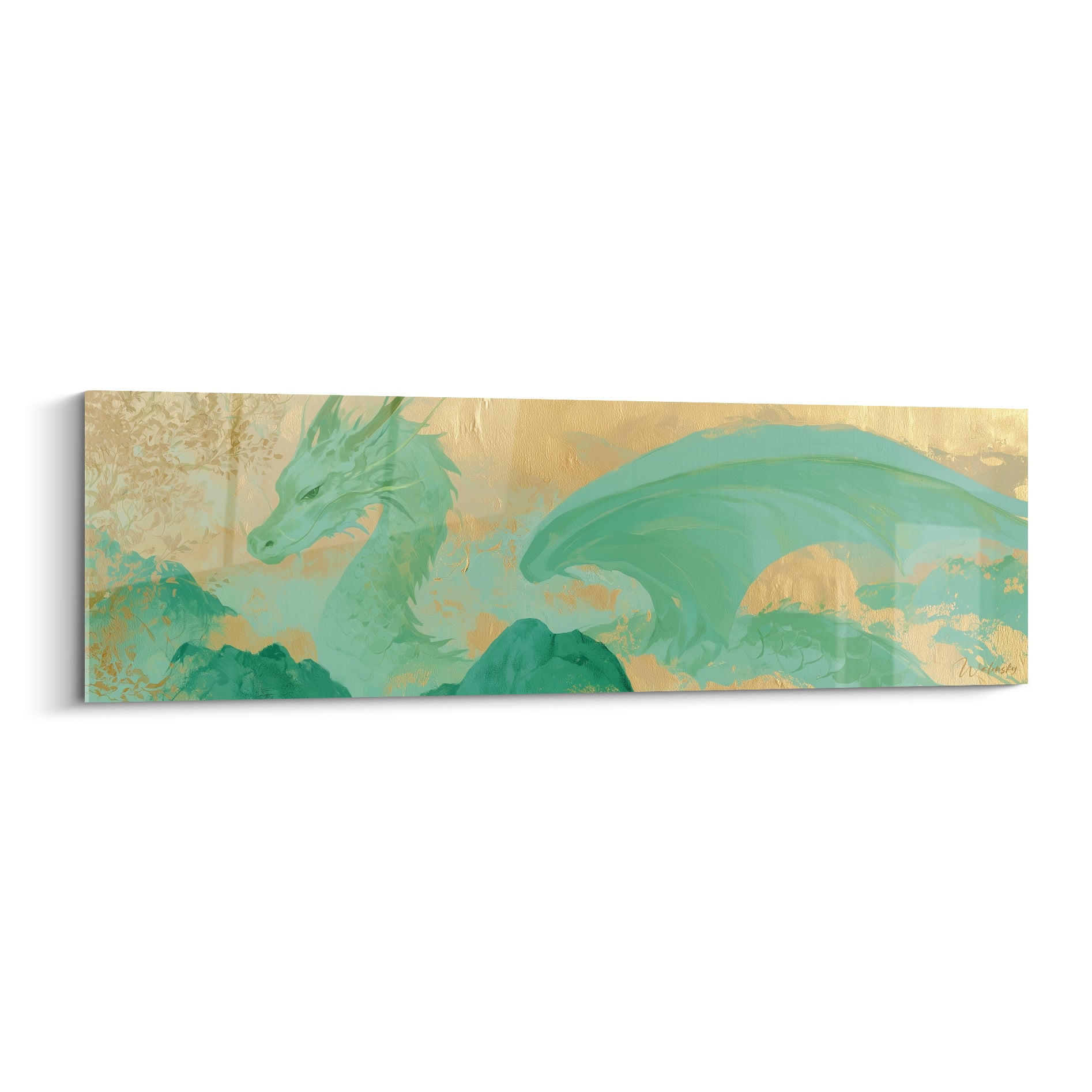 Dragon vert jade et doré, ailes déployées, style aquarelle sur fond métallisé lumineux