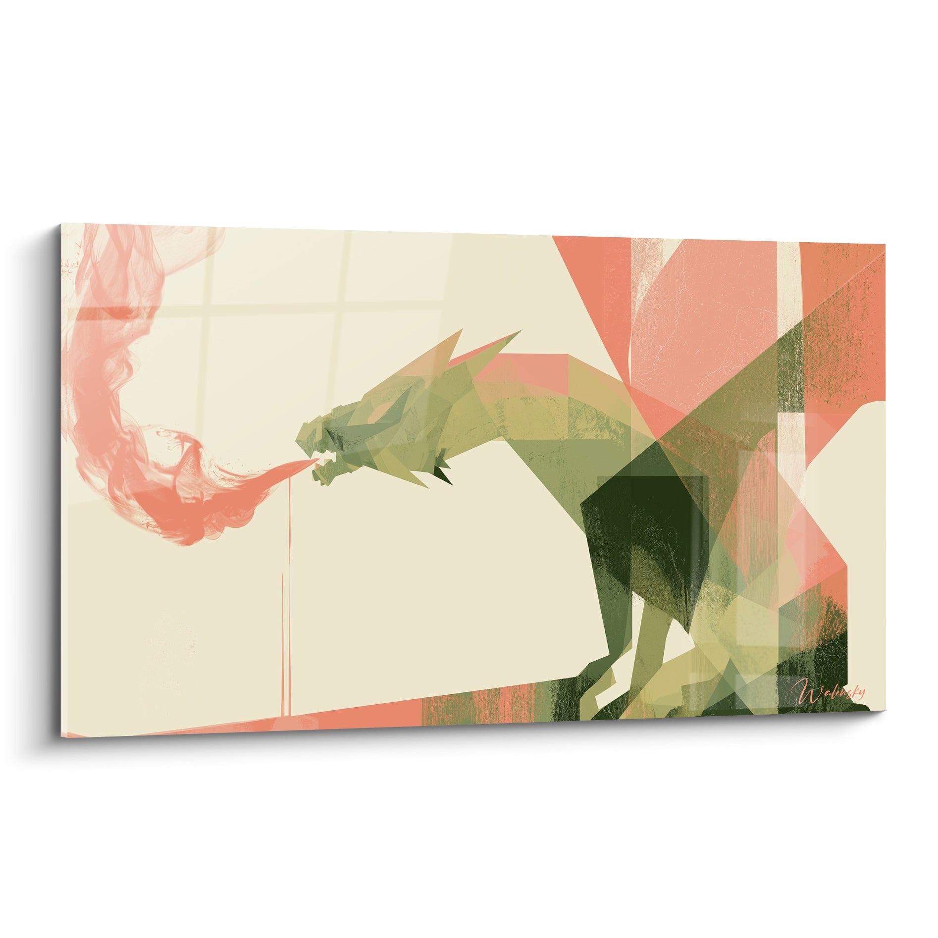 Dragon vert kaki et corail soufflant des flammes, silhouette géométrique sur fond ivoire