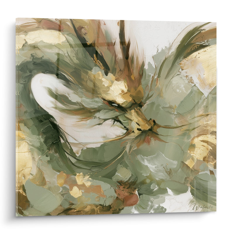 Tableau Dragon abstrait vert sauge et doré - Souffle mythique - Edition Dragon