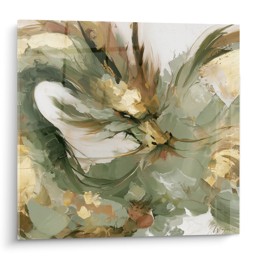 Tableau Dragon abstrait vert sauge et doré - Souffle mythique - Edition Dragon