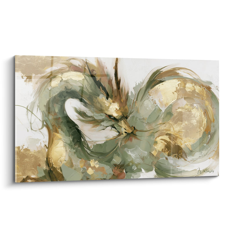 Tableau Dragon vert sauge et doré enroulé - Sagesse enroulée - Edition Dragon