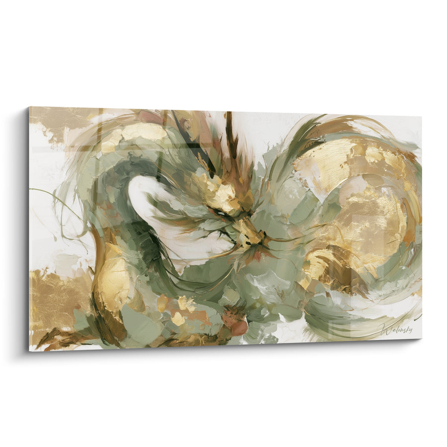 Tableau Dragon vert sauge et doré en spirale - Force en sommeil - Edition Dragon