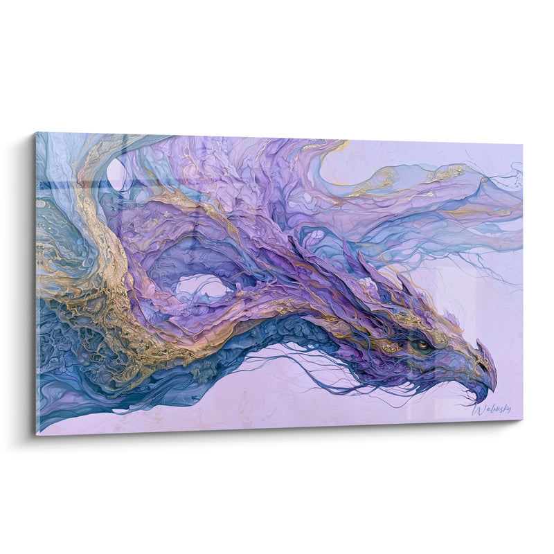 Tableau Tête violette et bleu pastel aux filaments dorés - Regard doré perçant - Edition Dragon