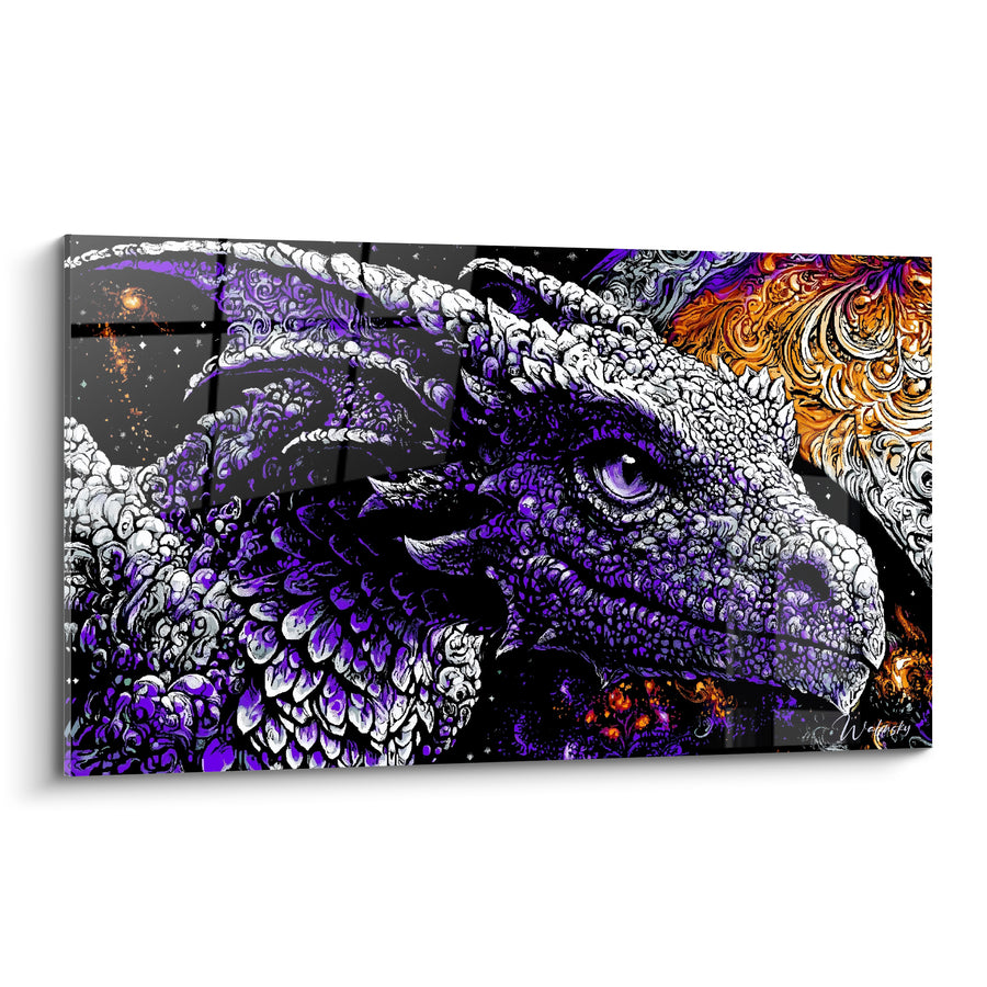 Tableau Dragon violet aux écailles ornementées et flammes orangées - Gardien cosmique - Edition Dragon