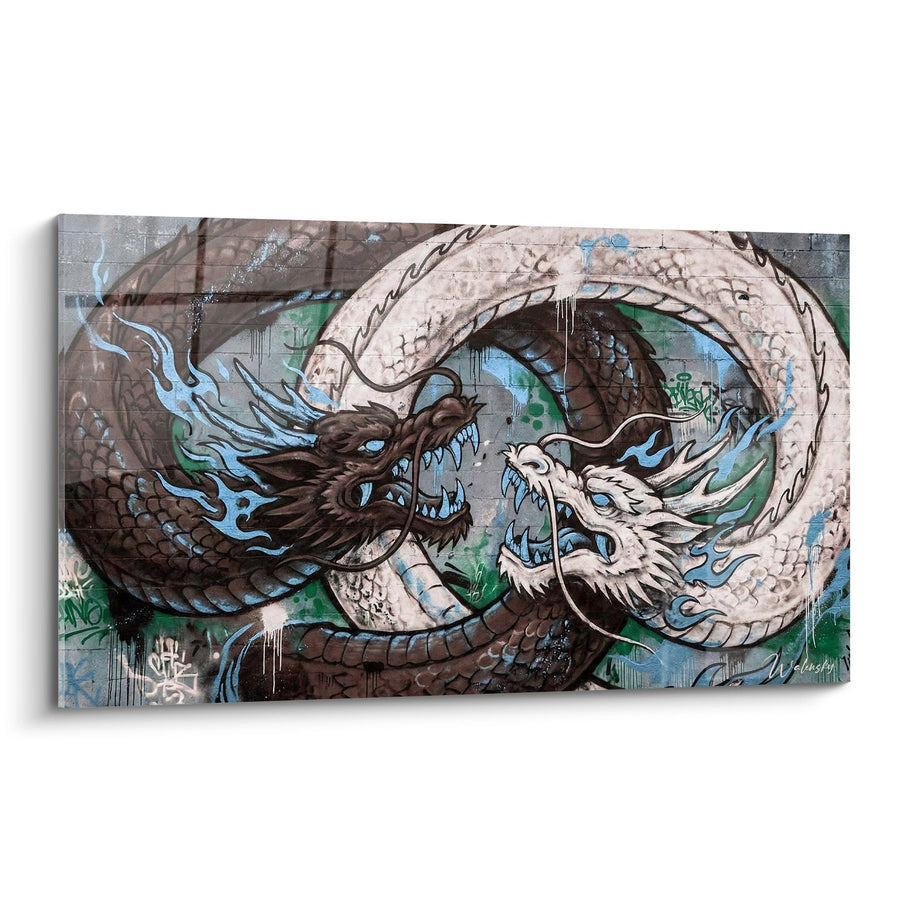 Tableau Dragons Entrelacés Brun et Beige sur Fond Urbain - Dualité Mystique - Edition Yin Yang