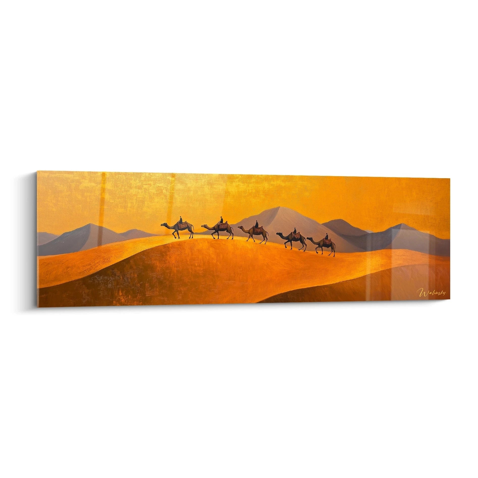 Tableau dromadaire Walensky représentant un groupe de chameaux traversant des dunes dorées au coucher du soleil