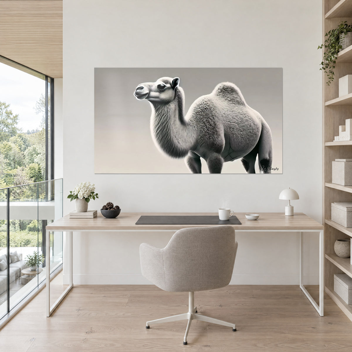 Wall art steppe camelid, thick grey fur and pale beige gradient, hung on the white wall of an office with wooden shelves