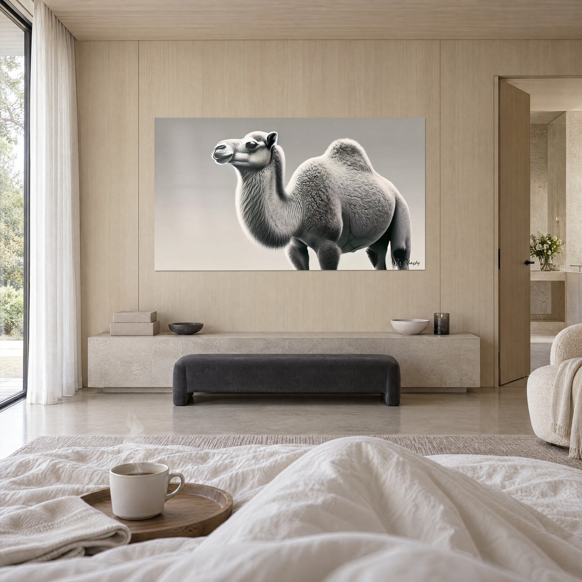 Wall art profile of a humped camelid, grey wool shaded with white on a cream background, above a bed in a bright bedroom