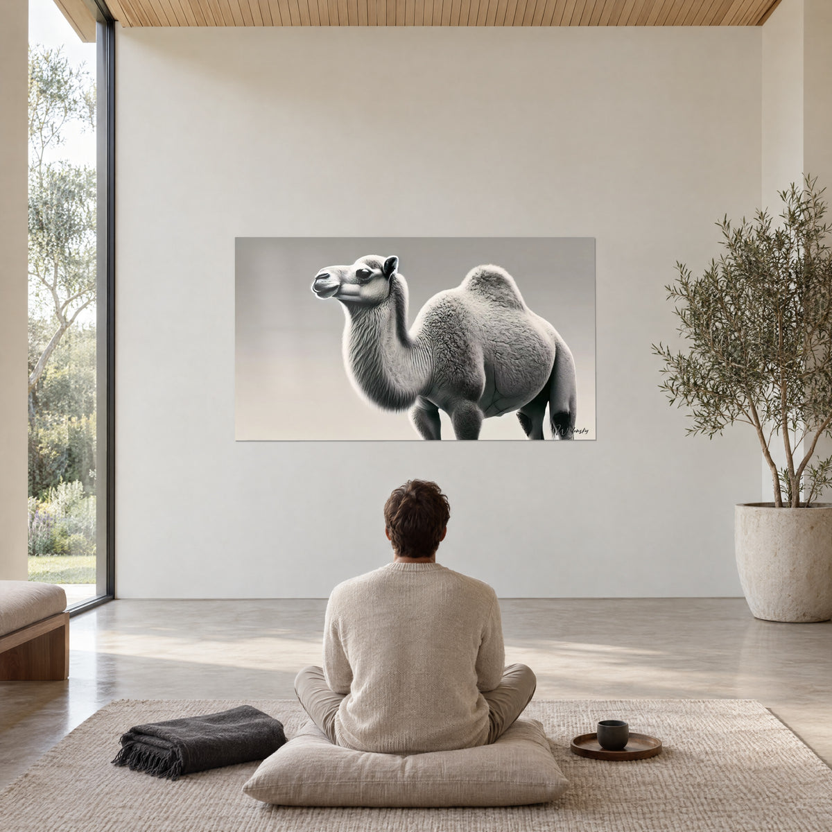 Wall art silhouette of a silver dromedary, round hump and gnarled grey neck, on a pale sand background, facing a man seated cross-legged