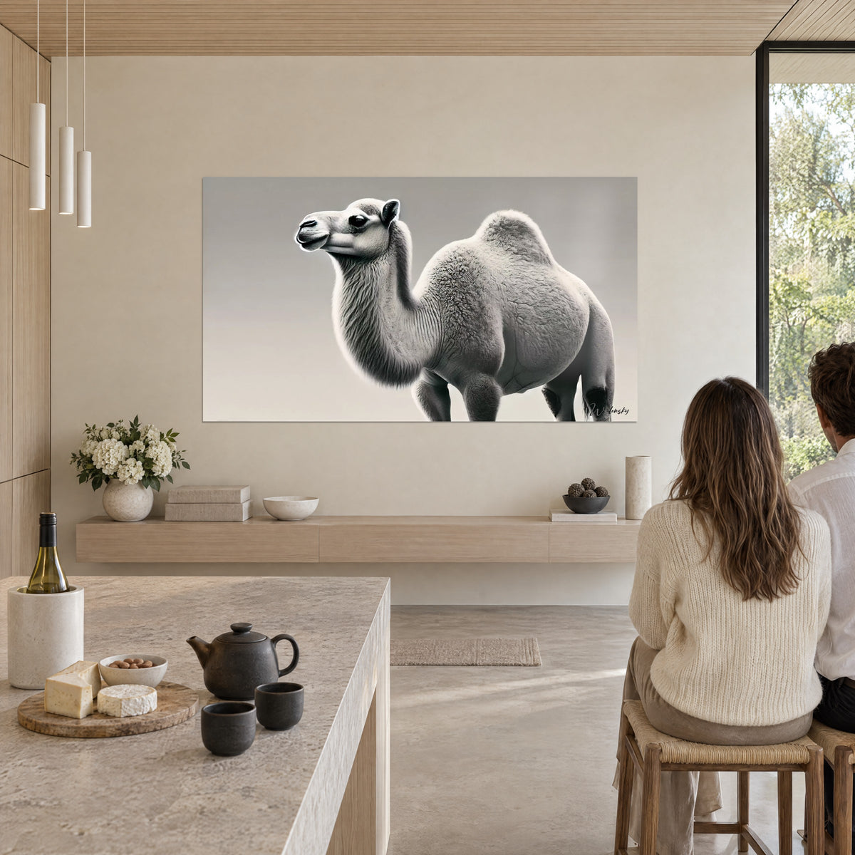 Wall art animal portrait of a camel, long curly grey and black neck, dark gaze, in an open living room with light wood and white
