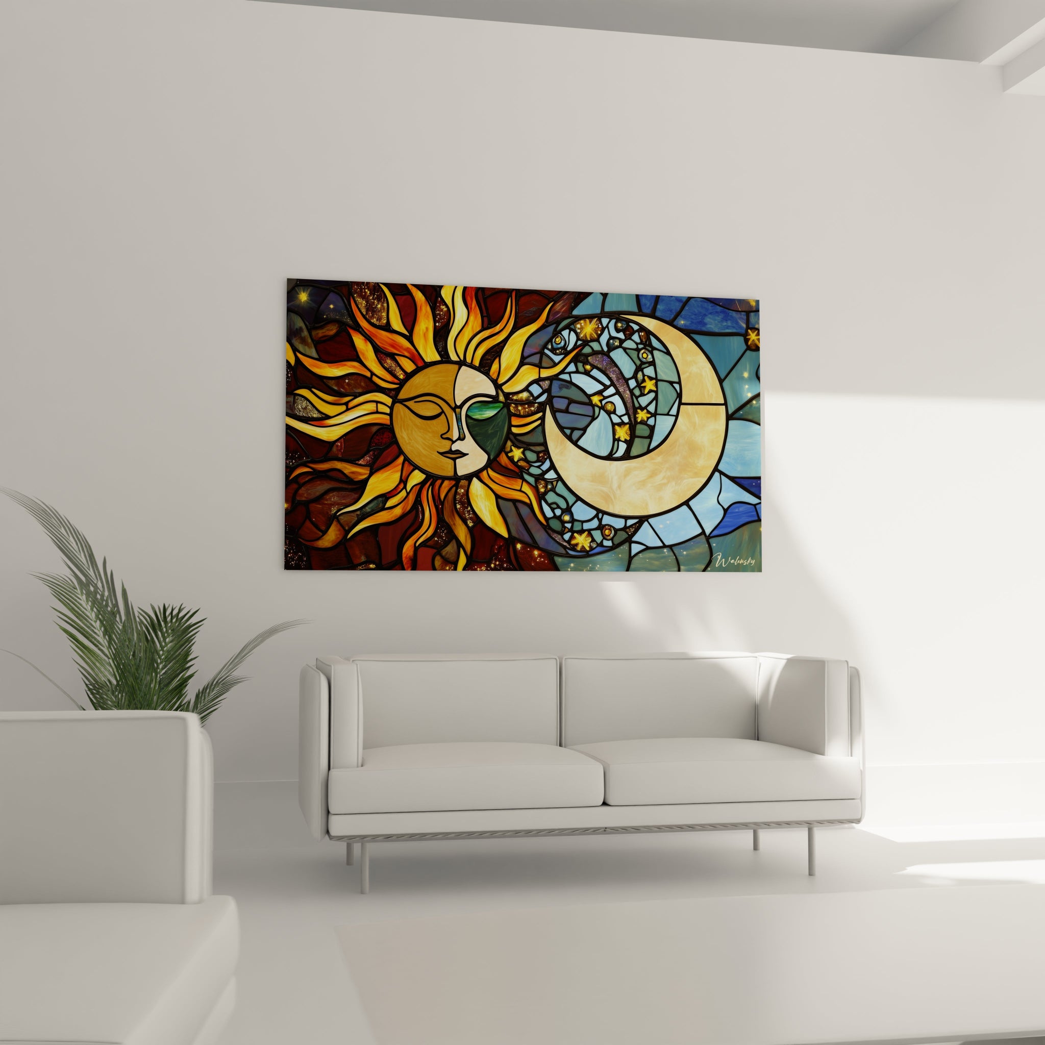 Un tableau vitraux céleste illustrant l'équilibre cosmique, avec un soleil anthropomorphique aux couleurs chaudes d'un côté et une lune nacrée entourée d'étoiles brillantes de l'autre, séparés par des contours noirs définissant chaque segment coloré.
