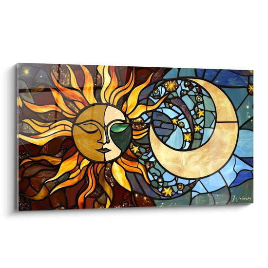 Un quadro vetrata che rappresenta il sole e la luna in simbiosi, con un volto dorato del sole dai raggi ondulati arancioni, e una luna crescente in tonalità crema, separati da linee nere su sfondo blu costellato di stelle dorate.
