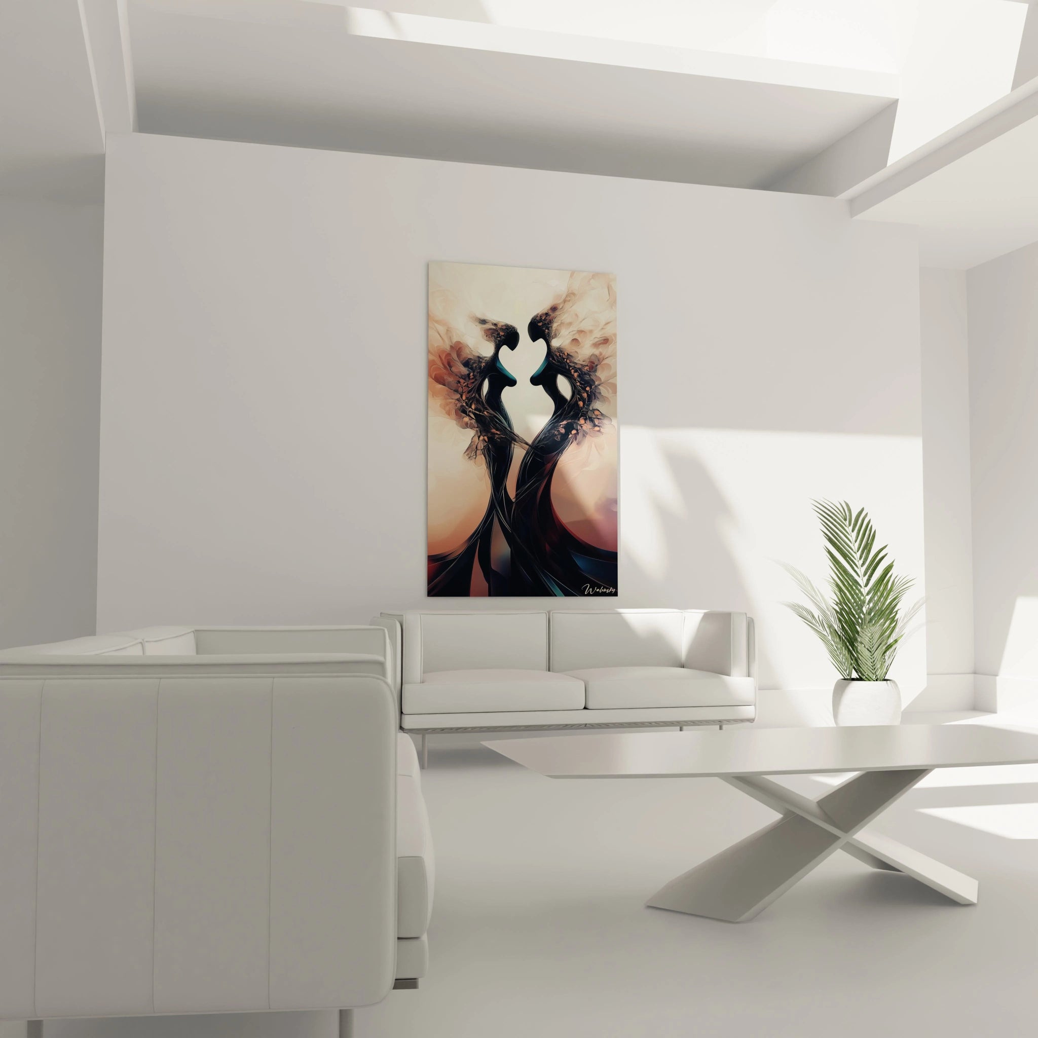 Ce tableau artistique abstrait installé dans une chambre moderne, apportant une ambiance apaisante et élégante.
