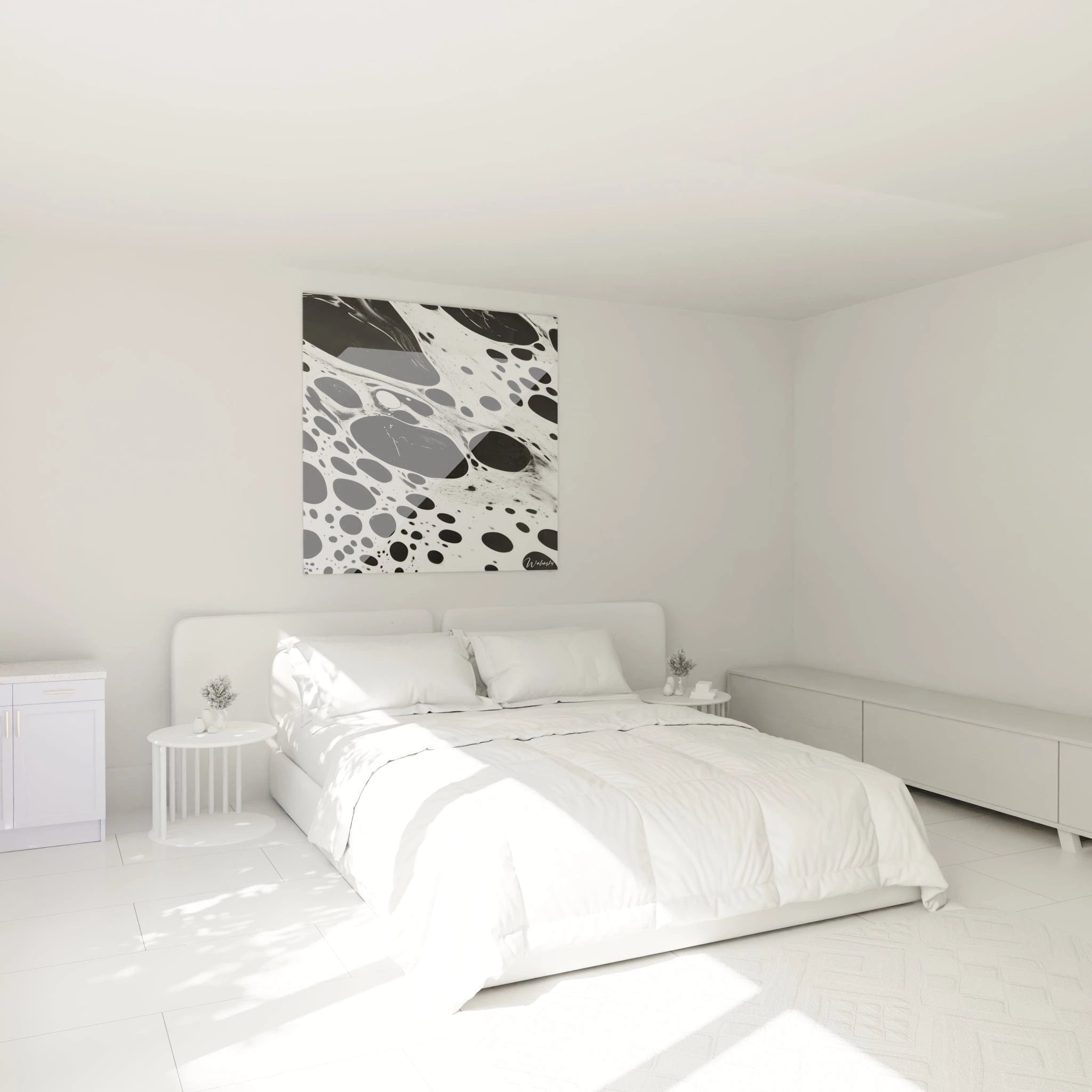 Tableau tacheté noir et blanc Walensky décorant une chambre moderne lumineuse