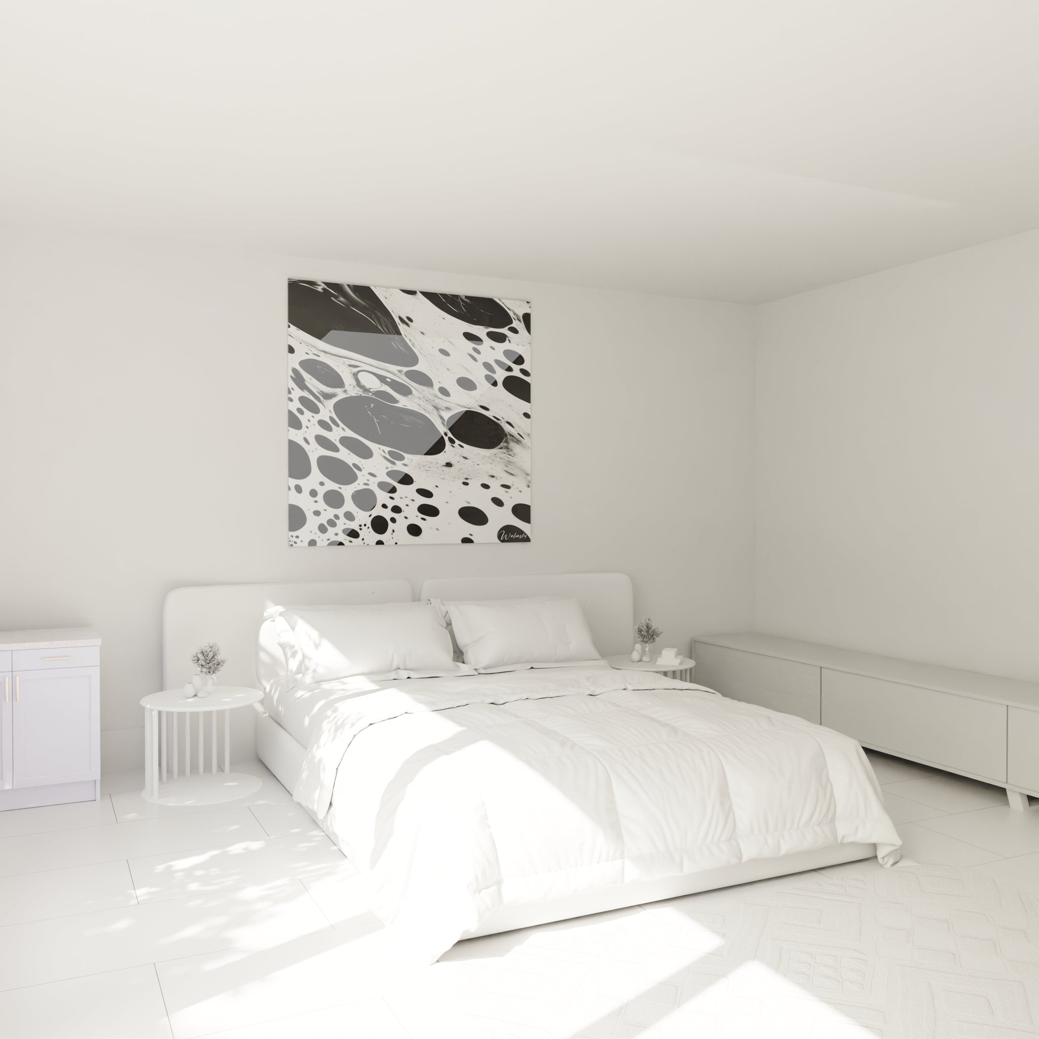 Tableau tacheté noir et blanc Walensky décorant une chambre moderne lumineuse