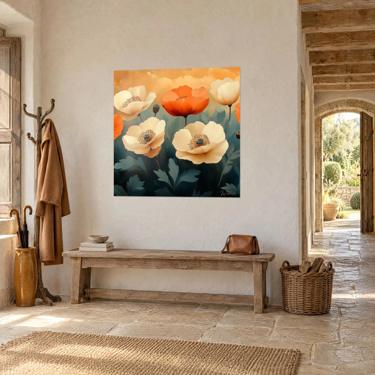 Cuadro de amapolas marfil con estambres cobrizos, cielo albaricoque y follaje verde grisáceo, muro de piedra y arco abierto