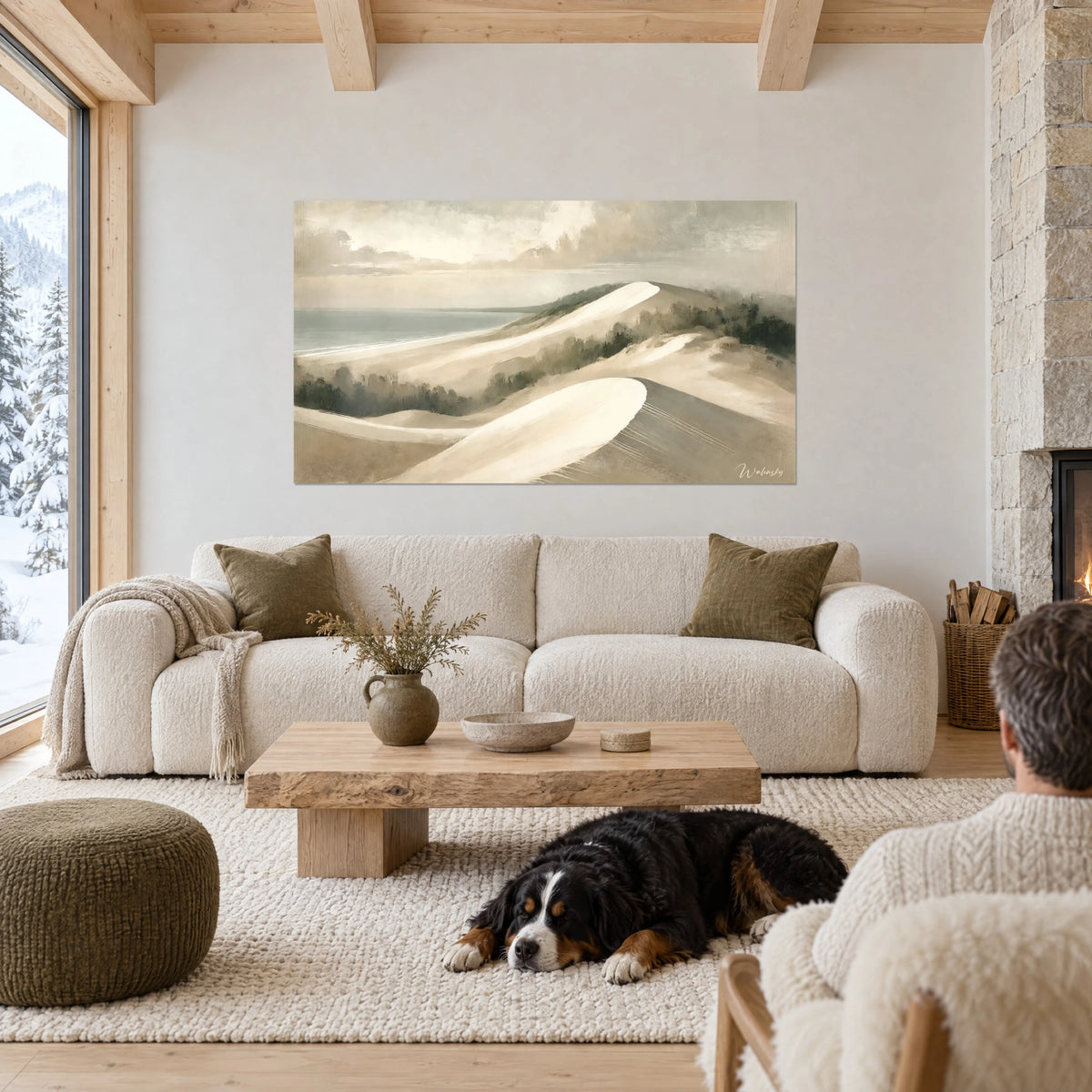 Wall art sand dune in cream tones softened by mist, pearl-grey sky, above a sofa in a bright living room